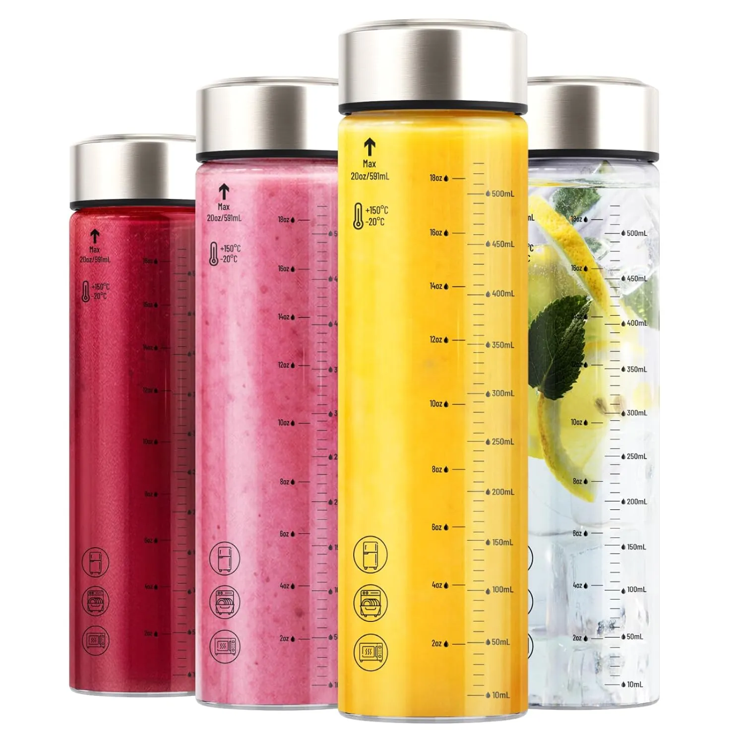 Zukro 20 oz Glass Juice Bottles, 4 Pack Reusable Leakproof BPA-Free Clear Wide Mouth Glass Bottles for Juicing, Smoothie, Protein, Infused Water, Beverage Storage, Borosilicate, Stainless Steel Lids